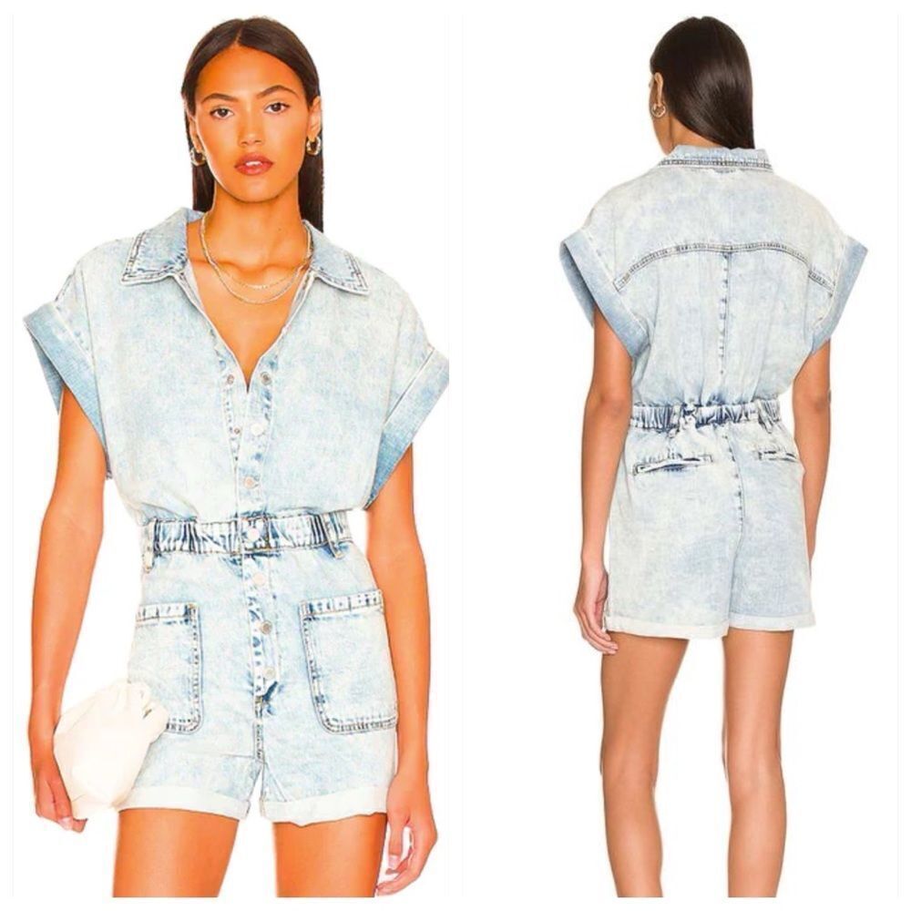 Blank NYC Time zone Denim romper Womens Large Cotton Front snap acid washed